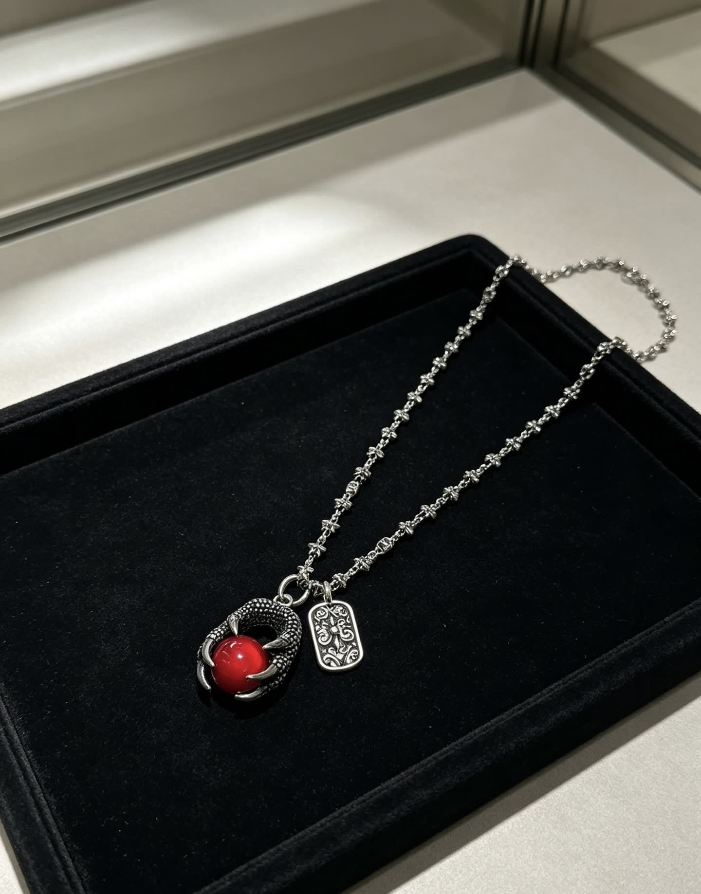Chrome Hearts Silver Dragon Claw Red Crystal Necklace